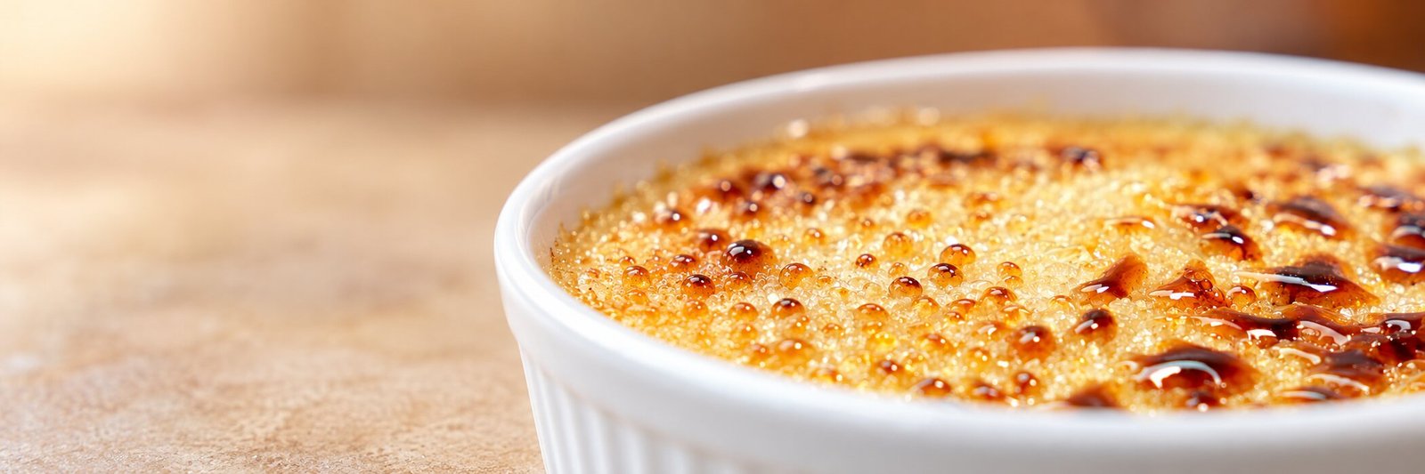 Un gros plan de crème brûlée, le caramel craquelé encore luisant